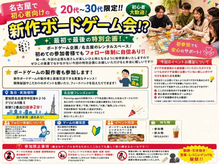 【名古屋で初心者向けの新作ボードゲーム会！？20代〜30代限定‼️】最初で最後の特別企画！