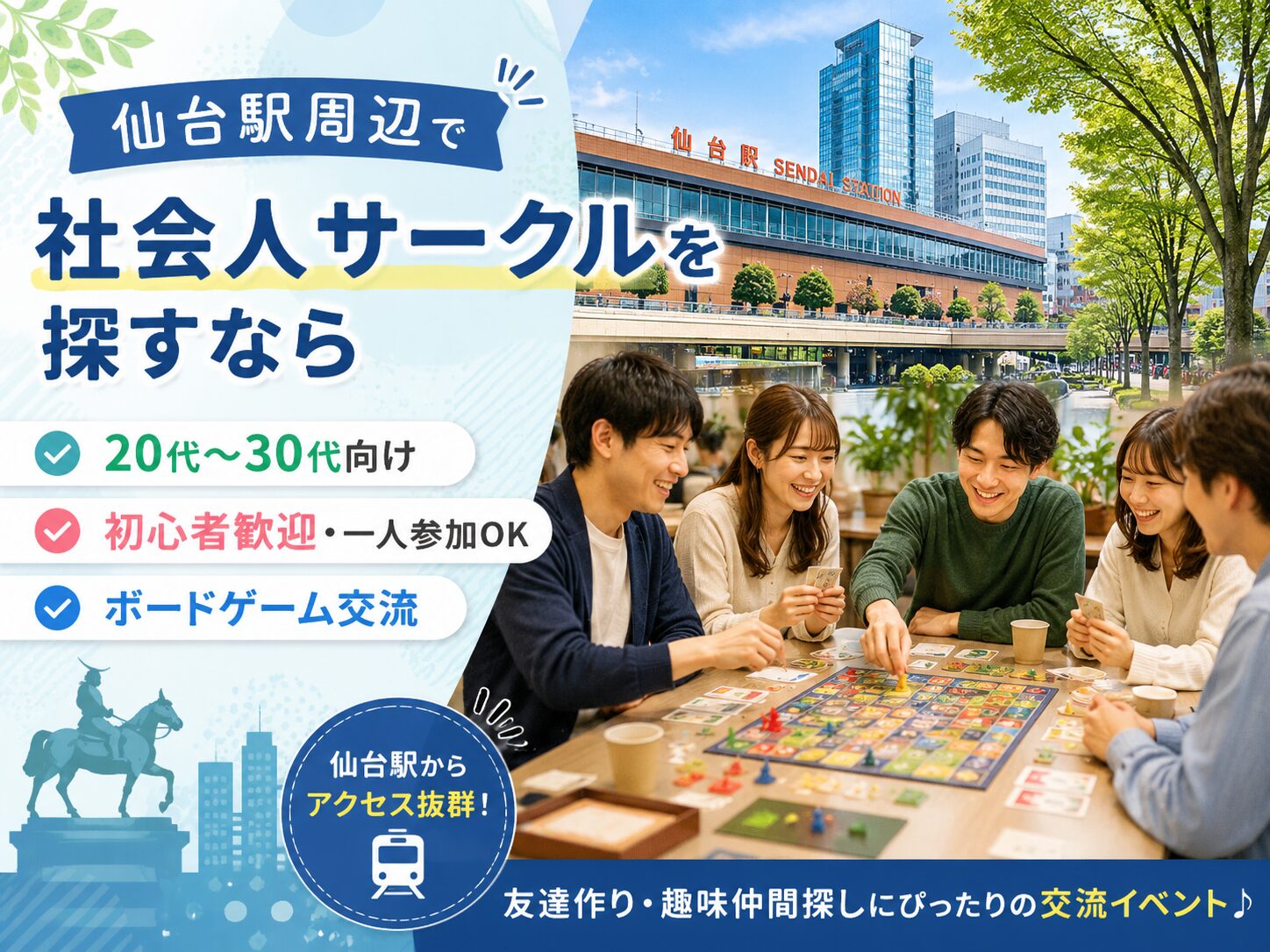仙台駅周辺で社会人サークルを探すなら？あおば通・榴ケ岡・東仙台・長町方面からも参加しやすい交流イベント