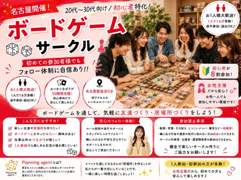 【名古屋のボドゲ専門の社会人サークル/20代〜30代向け】初心者に特化した愛知のボードゲームサークル！11/28開催！